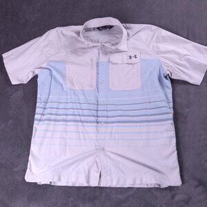 Under Armour Men`s Gray/Blue Short Sleeve Button Up Heat Gear Shirt / Size L